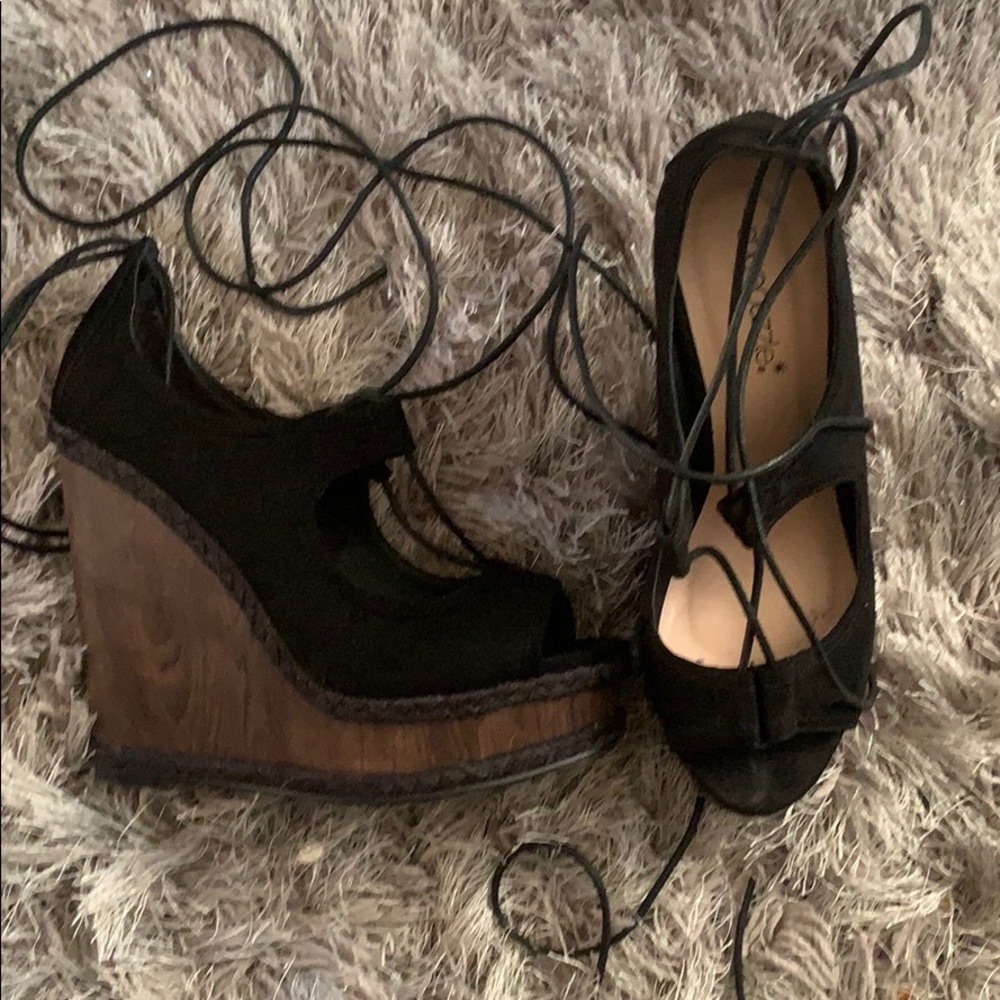 Black lace up wedges